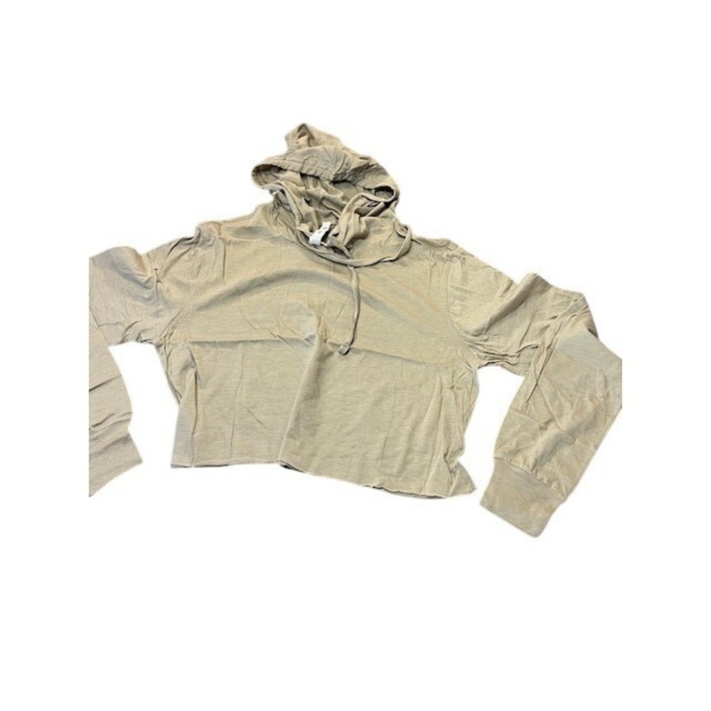 Womens Cropped Hoodie Long Sleeve Raw Hem Lightweight Pullover Beige/Tan S